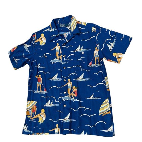 Vintage Polo Ralph Lauren Hawaiian Pinup Shirt Surfer & Sailboat Rayon / M - - Picture 1 of 5